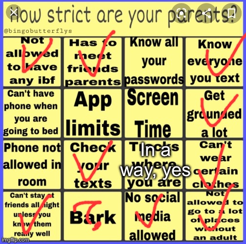 Strict parent bingo | In a way, yes | image tagged in strict parent bingo | made w/ Imgflip meme maker