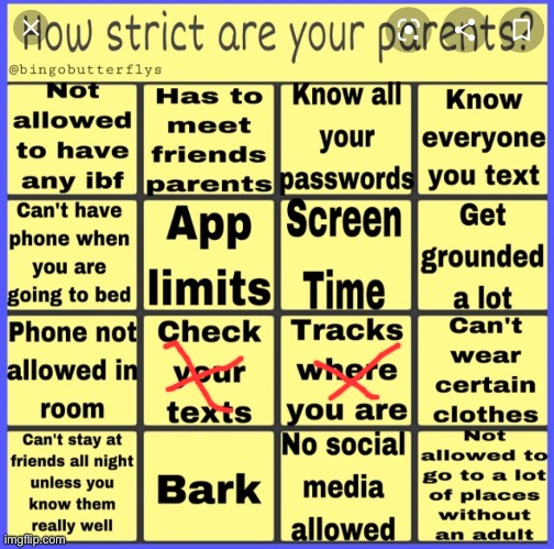Strict parent bingo | image tagged in strict parent bingo | made w/ Imgflip meme maker