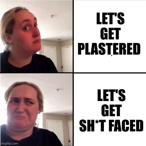 Kombucha Girl Reverted | LET'S GET PLASTERED LET'S GET SH*T FACED | image tagged in kombucha girl reverted | made w/ Imgflip meme maker