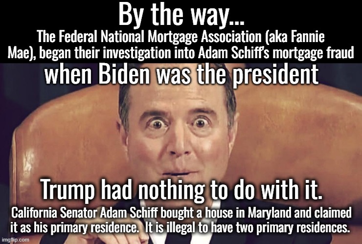 What's wrong with Adam Schiff's face | By the way... The Federal National Mortgage Association (aka Fannie Mae), began their investigation into Adam Schiff's mortgage fraud; when Biden was the president; Trump had nothing to do with it. California Senator Adam Schiff bought a house in Maryland and claimed it as his primary residence.  It is illegal to have two primary residences. | image tagged in democrats get away with murder,mortgage fraud | made w/ Imgflip meme maker