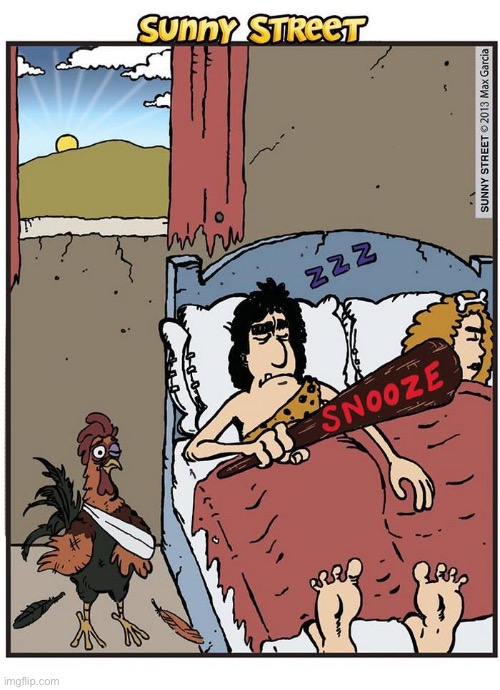 The first “snooze button”… | image tagged in comics,sunny street,caveman,rooster,snooze button | made w/ Imgflip meme maker