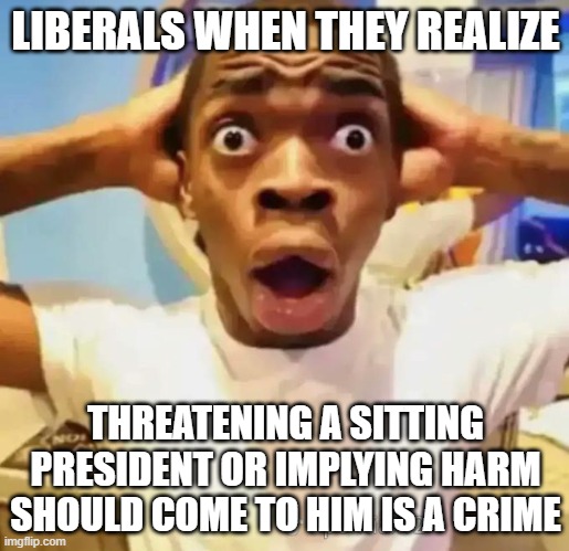 Shocked black guy | LIBERALS WHEN THEY REALIZE THREATENING A SITTING PRESIDENT OR IMPLYING HARM SHOULD COME TO HIM IS A CRIME | image tagged in shocked black guy | made w/ Imgflip meme maker