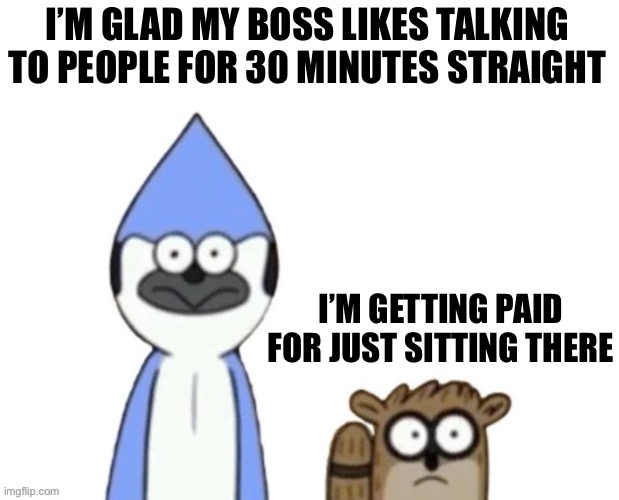 P | I’M GLAD MY BOSS LIKES TALKING TO PEOPLE FOR 30 MINUTES STRAIGHT; I’M GETTING PAID FOR JUST SITTING THERE | image tagged in haste broken worlds is awesome | made w/ Imgflip meme maker