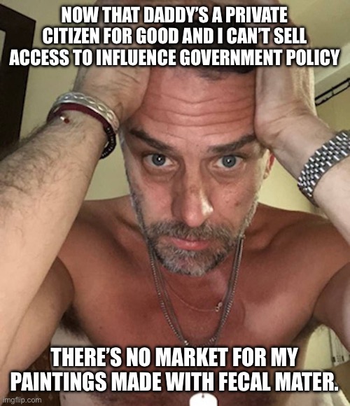 Sad Hunter Biden | NOW THAT DADDY’S A PRIVATE CITIZEN FOR GOOD AND I CAN’T SELL ACCESS TO INFLUENCE GOVERNMENT POLICY; THERE’S NO MARKET FOR MY PAINTINGS MADE WITH FECAL MATER. | image tagged in sad hunter biden | made w/ Imgflip meme maker