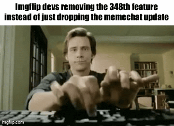 First we lost the flip button, now the quick accessibility of charts and demotivationals, what will be next? | Imgflip devs removing the 348th feature instead of just dropping the memechat update | image tagged in gifs,memes,imgflip,memechat | made w/ Imgflip video-to-gif maker
