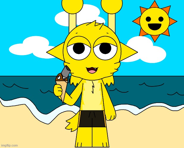 simon is at the beach (dw brud wasn't harmed in the making of this drawing) | image tagged in sprunki,simon,brud,mr sun,beach,fan art | made w/ Imgflip meme maker