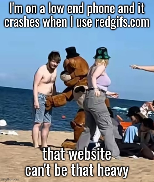 fazbeeran | I'm on a low end phone and it
crashes when I use redgifs.com; that website can't be that heavy | image tagged in fazbeeran | made w/ Imgflip meme maker