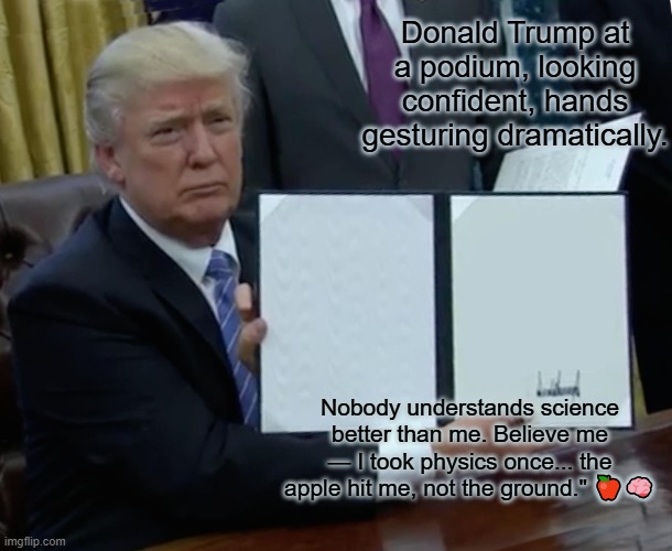 trump smart | Donald Trump at a podium, looking confident, hands gesturing dramatically. Nobody understands science better than me. Believe me — I took physics once... the apple hit me, not the ground." 🍎🧠 | image tagged in memes,trump bill signing | made w/ Imgflip meme maker