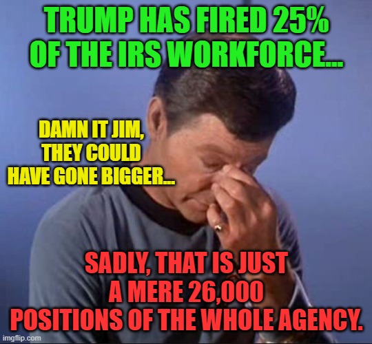 Dammit Jim | TRUMP HAS FIRED 25% OF THE IRS WORKFORCE... DAMN IT JIM, THEY COULD HAVE GONE BIGGER... SADLY, THAT IS JUST A MERE 26,000 POSITIONS OF THE WHOLE AGENCY. | image tagged in dammit jim | made w/ Imgflip meme maker