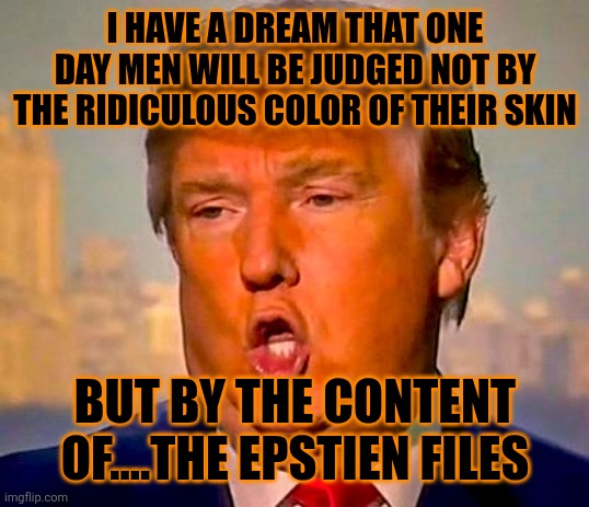 I have a dream.... | I HAVE A DREAM THAT ONE DAY MEN WILL BE JUDGED NOT BY THE RIDICULOUS COLOR OF THEIR SKIN; BUT BY THE CONTENT OF....THE EPSTIEN FILES | image tagged in trump orange | made w/ Imgflip meme maker