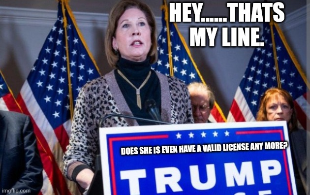 DOES SHE IS EVEN HAVE A VALID LICENSE ANY MORE? HEY......THATS MY LINE. | made w/ Imgflip meme maker