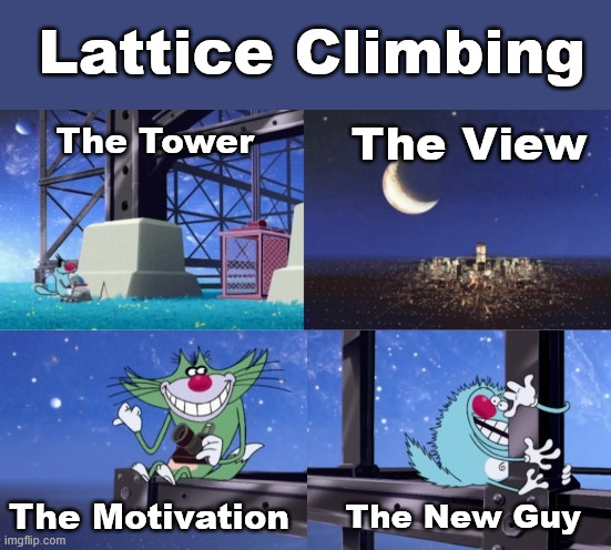 Oggy and the Cockroaches, The Rise and the Fall. | Lattice Climbing; The View; The Tower; The Motivation; The New Guy | image tagged in oggy lattice climbing,90s,lattice climbing,meme,climbing memes,oggy and the cockroaches | made w/ Imgflip meme maker