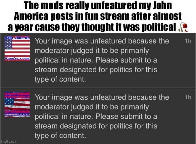 Looks like someone has no knowledge of msmg lore | The mods really unfeatured my John America posts in fun stream after almost a year cause they thought it was political 🥀 | made w/ Imgflip meme maker