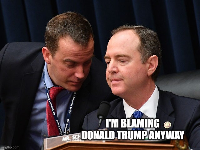 Adam Schiff and aide | I'M BLAMING DONALD TRUMP ANYWAY | image tagged in adam schiff and aide | made w/ Imgflip meme maker
