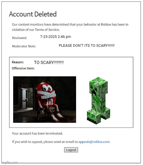 ITS TO SCARY | 7-23-2025 2:46 pm; PLEASE DON'T ITS TO SCARY!!!!!!! TO SCARY!!!!!!!!! | image tagged in banned from roblox | made w/ Imgflip meme maker