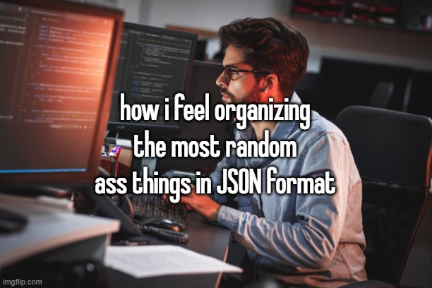 {"image-ID": "a13xhl"} | how i feel organizing the most random ass things in JSON format | made w/ Imgflip meme maker