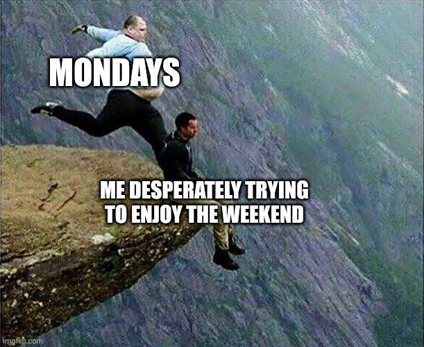 :< | MONDAYS; ME DESPERATELY TRYING TO ENJOY THE WEEKEND | image tagged in kicked off cliff | made w/ Imgflip meme maker