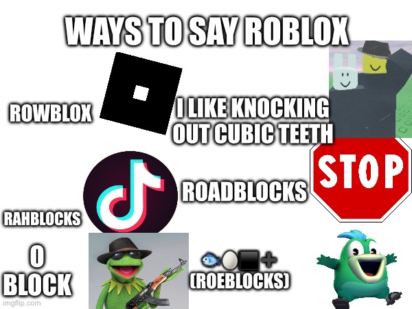 (These are pronounciation) | WAYS TO SAY ROBLOX; ROWBLOX; I LIKE KNOCKING OUT CUBIC TEETH; ROADBLOCKS; RAHBLOCKS; O BLOCK; 🐟🥚⬛️➕ (ROEBLOCKS) | image tagged in funny,roblox,pronunciation | made w/ Imgflip meme maker