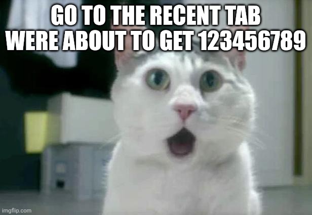 OMG GOOOOOOO NOW | GO TO THE RECENT TAB WERE ABOUT TO GET 123456789 | image tagged in memes,omg cat | made w/ Imgflip meme maker
