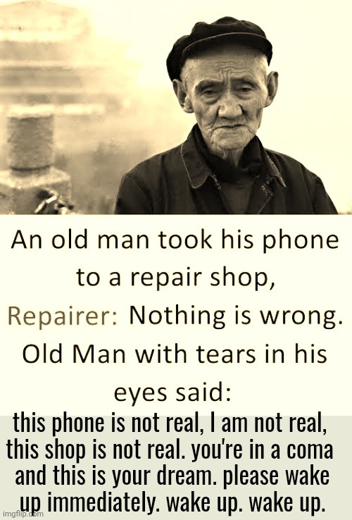 this phone is not real, I am not real, 
this shop is not real. you're in a coma 
and this is your dream. please wake
up immediately. wake up. wake up. | made w/ Imgflip meme maker