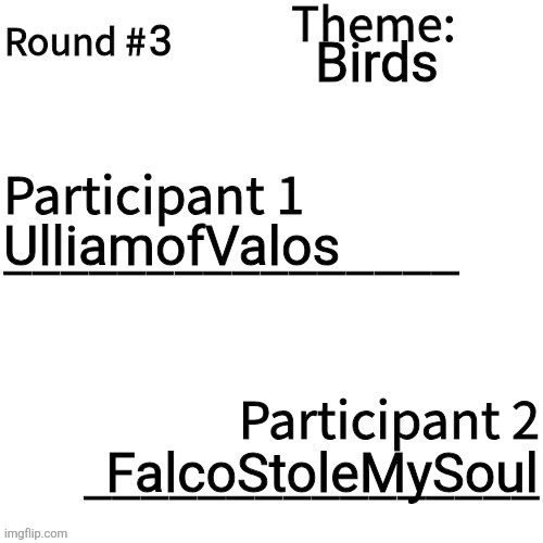 Round 3 | 3; Birds; UlliamofValos; FalcoStoleMySoul | image tagged in art tournament | made w/ Imgflip meme maker