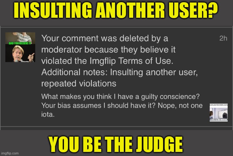 Hilariously offended Moddarater | INSULTING ANOTHER USER? YOU BE THE JUDGE | image tagged in the bias is real,time to make more memes,the truth hurts lol,triggered,victory | made w/ Imgflip meme maker