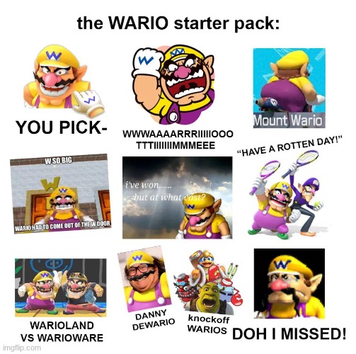 The WAAAAAAAAARIO starter pack.mp3 | image tagged in wario | made w/ Imgflip meme maker