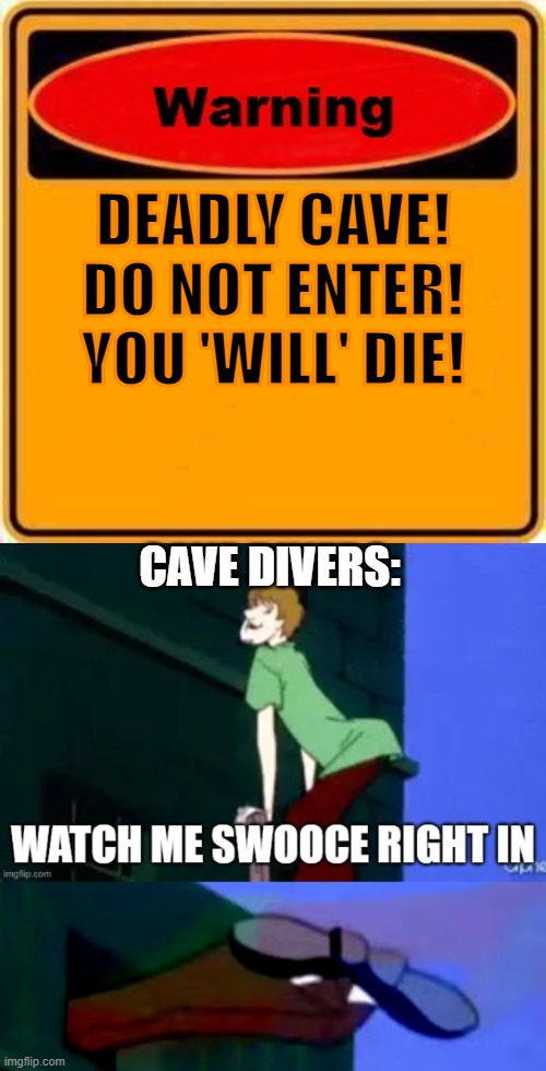 Seriously! DON'T! | DEADLY CAVE!
DO NOT ENTER!
YOU 'WILL' DIE! CAVE DIVERS: | image tagged in memes,warning sign,watch me swooce right in,shaggy swoocing right in | made w/ Imgflip meme maker