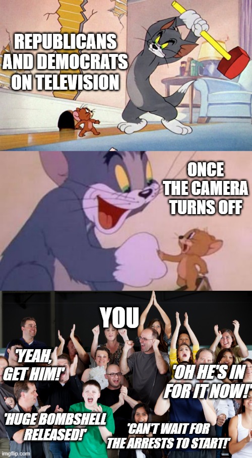 REPUBLICANS AND DEMOCRATS ON TELEVISION; ONCE THE CAMERA TURNS OFF; YOU; 'YEAH, GET HIM!'; 'OH HE'S IN FOR IT NOW!'; 'HUGE BOMBSHELL RELEASED!'; 'CAN'T WAIT FOR THE ARRESTS TO START!' | image tagged in crowd cheering | made w/ Imgflip meme maker