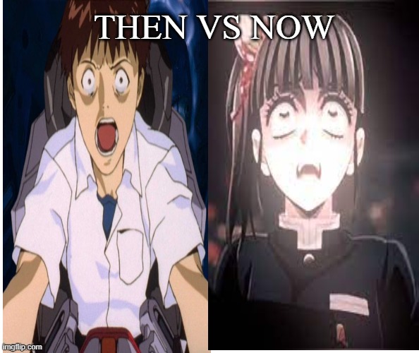 shinji screaming then vs now | THEN VS NOW | image tagged in neon genesis evangelion,then vs now,shinji ikari,movies,shinji screaming,screaming | made w/ Imgflip meme maker