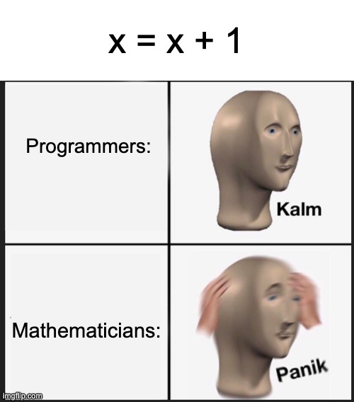 Calm Panic | x = x + 1; Programmers:; Mathematicians: | image tagged in calm panic | made w/ Imgflip meme maker