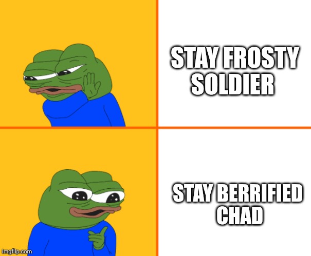 Crypto meme | STAY FROSTY SOLDIER; STAY BERRIFIED 
CHAD | image tagged in pepe drake | made w/ Imgflip meme maker