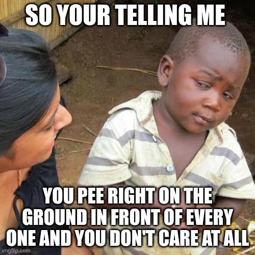 Third World Skeptical Kid | SO YOUR TELLING ME; YOU PEE RIGHT ON THE GROUND IN FRONT OF EVERY ONE AND YOU DON'T CARE AT ALL | image tagged in memes,third world skeptical kid | made w/ Imgflip meme maker
