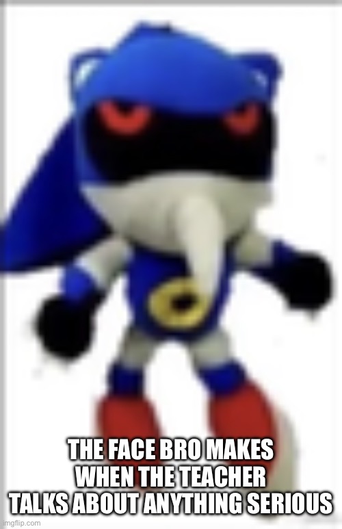 Hi | THE FACE BRO MAKES WHEN THE TEACHER TALKS ABOUT ANYTHING SERIOUS | image tagged in silly metal sonic plush | made w/ Imgflip meme maker