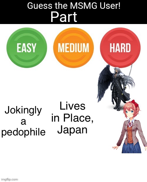 Another hint: both easy and hard were owners 2022-2023 | Lives in Place, Japan; Jokingly a pedophile | image tagged in guess the msmg user | made w/ Imgflip meme maker