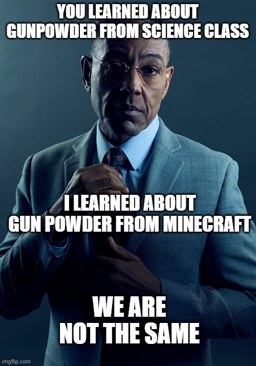 Gus Fring we are not the same | YOU LEARNED ABOUT GUNPOWDER FROM SCIENCE CLASS; I LEARNED ABOUT GUN POWDER FROM MINECRAFT; WE ARE NOT THE SAME | image tagged in gus fring we are not the same | made w/ Imgflip meme maker