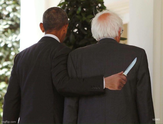Obama holding knife behind Bernie's back | image tagged in obama holding knife behind bernie's back | made w/ Imgflip meme maker