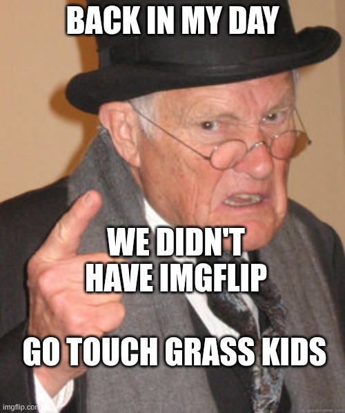 back in my day | BACK IN MY DAY; WE DIDN'T HAVE IMGFLIP; GO TOUCH GRASS KIDS | image tagged in memes,back in my day | made w/ Imgflip meme maker