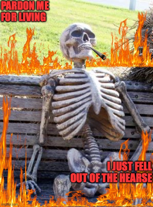 Pardon Me. | PARDON ME FOR LIVING; I JUST FELL OUT OF THE HEARSE | image tagged in memes,waiting skeleton | made w/ Imgflip meme maker