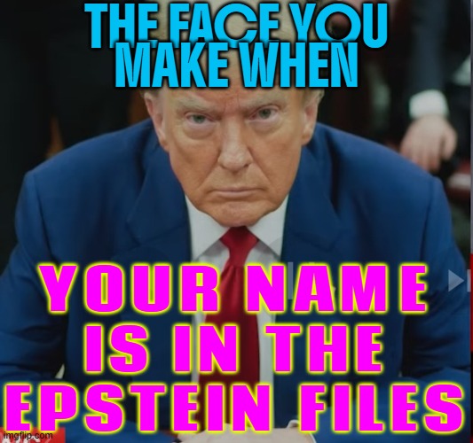 The face you make when your name is in the Epstein files | THE FACE YOU
MAKE WHEN; YOUR NAME
IS IN THE
EPSTEIN FILES | image tagged in i m guilty,jeffrey epstein,breaking news,cover up,donald trump,pedophilia | made w/ Imgflip meme maker