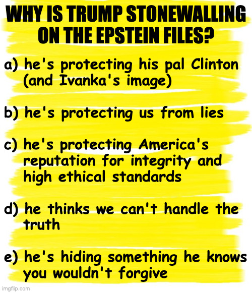 Guess the motive. | WHY IS TRUMP STONEWALLING ON THE EPSTEIN FILES? a) he's protecting his pal Clinton 
   (and Ivanka's image)
 
b) he's protecting us from lies
 
c) he's protecting America's
   reputation for integrity and
   high ethical standards
 
d) he thinks we can't handle the
   truth
 
e) he's hiding something he knows
   you wouldn't forgive | image tagged in memes,trump,epstein files | made w/ Imgflip meme maker