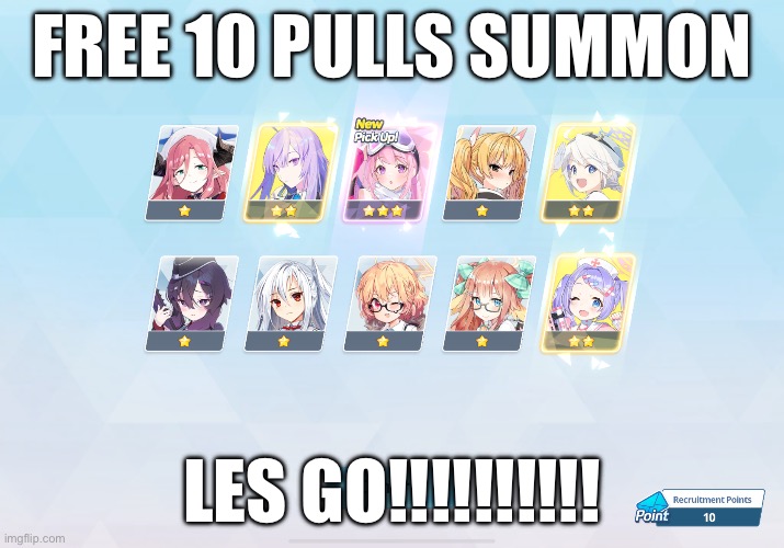 I’m saving my Pyroxene, and thought S. Eimi was the best fit for my team. | FREE 10 PULLS SUMMON; LES GO!!!!!!!!!! | made w/ Imgflip meme maker