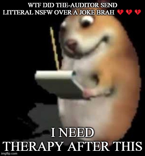 Chomik type | WTF DID THE-AUDITOR SEND LITTERAL NSFW OVER A JOKE BRAH 💔💔💔; I NEED THERAPY AFTER THIS | image tagged in chomik type | made w/ Imgflip meme maker