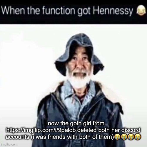 da function got hennessy | …now the goth girl from https://imgflip.com/i/9palob deleted both her discord accounts (i was friends with both of them)😭😭😭😭 | image tagged in da function got hennessy | made w/ Imgflip meme maker