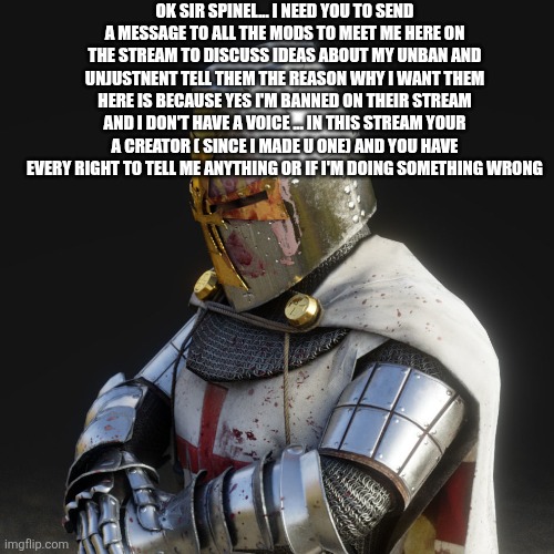Paladin | OK SIR SPINEL... I NEED YOU TO SEND A MESSAGE TO ALL THE MODS TO MEET ME HERE ON THE STREAM TO DISCUSS IDEAS ABOUT MY UNBAN AND UNJUSTNENT TELL THEM THE REASON WHY I WANT THEM HERE IS BECAUSE YES I'M BANNED ON THEIR STREAM AND I DON'T HAVE A VOICE ... IN THIS STREAM YOUR A CREATOR ( SINCE I MADE U ONE) AND YOU HAVE EVERY RIGHT TO TELL ME ANYTHING OR IF I'M DOING SOMETHING WRONG | image tagged in paladin | made w/ Imgflip meme maker