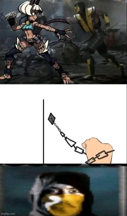 image tagged in skullgirls is mid ngl,mortal kombat,memes,shitpost,get over here | made w/ Imgflip meme maker