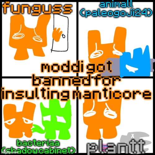 the 4-way temp | moddi got banned for insulting manticore | image tagged in the 4-way temp | made w/ Imgflip meme maker