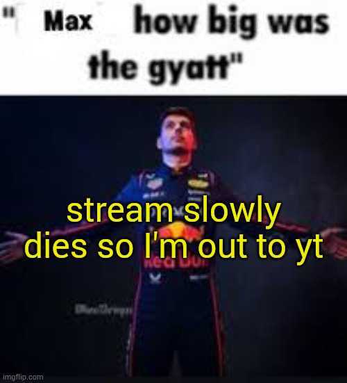 gn chat | stream slowly dies so I'm out to yt | image tagged in max how big was the gyatt | made w/ Imgflip meme maker