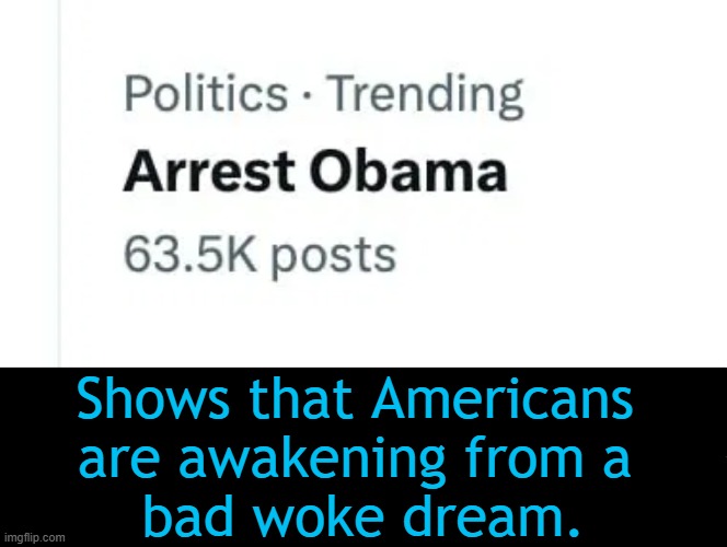 Happy Post of the Day | Shows that Americans 
are awakening from a 
bad woke dream. | image tagged in barack obama,evil,division,looking for a happy ending,consequences,arrest | made w/ Imgflip meme maker