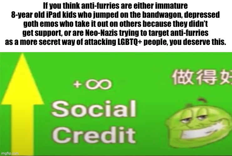 Social credit | If you think anti-furries are either immature 8-year old iPad kids who jumped on the bandwagon, depressed goth emos who take it out on others because they didn’t get support, or are Neo-Nazis trying to target anti-furries as a more secret way of attacking LGBTQ+ people, you deserve this. | image tagged in social credit | made w/ Imgflip meme maker